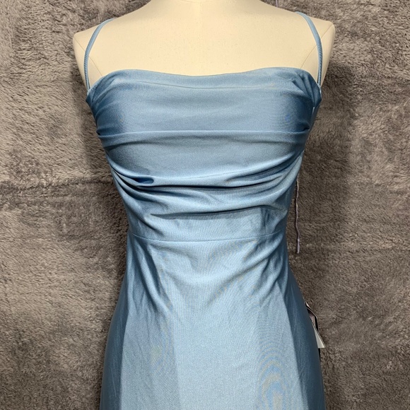 B Darlin Women’s Blue Satin Maxi Dress Size 13/14 Spaghetti Straps Open Back Sid - Picture 3 of 6